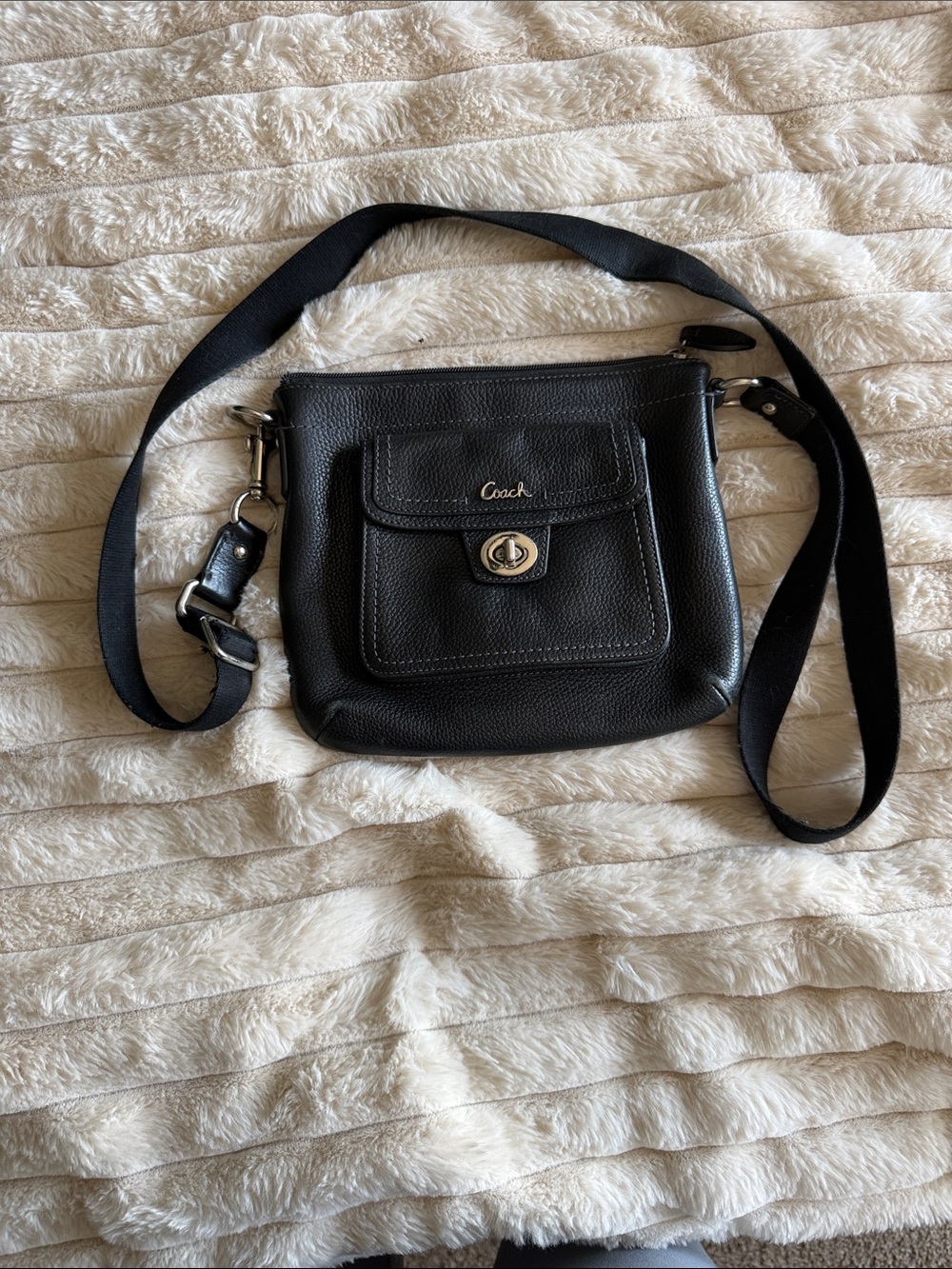 Coach Black Pebbled Leather Crossbody with Front Turn-Lock Pocket